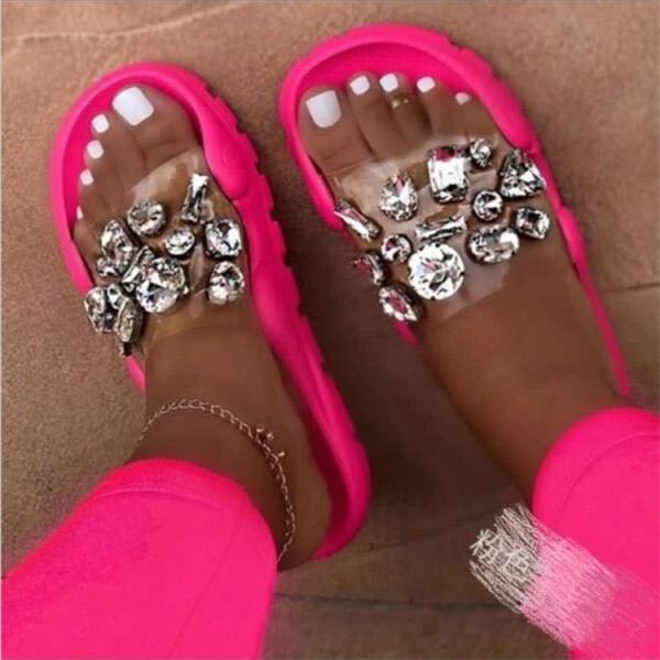 Summer new style large size foreign trade women's shoes colorful wide-soled rhinestones thick-soled pedal sandals and slippers women HWJ458