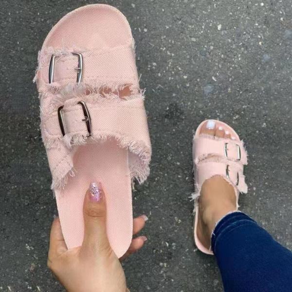 Large size foreign trade women's shoes solid color wooden sole buckle raw edge vamp casual slippers female one pedal HWJ595
