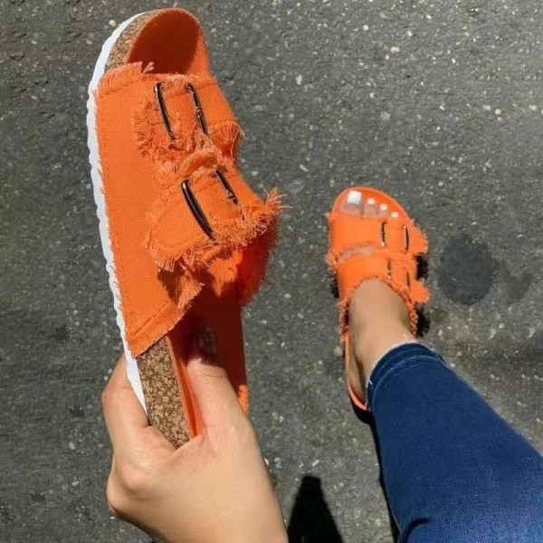 Large size foreign trade women's shoes solid color wooden sole buckle raw edge vamp casual slippers female one pedal HWJ595