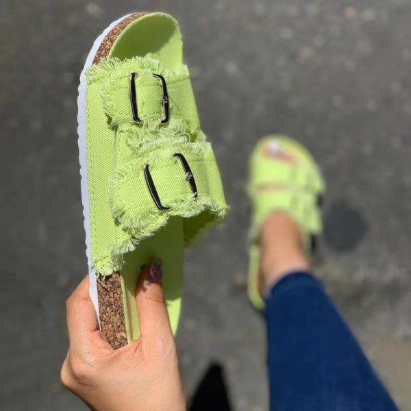 Large size foreign trade women's shoes solid color wooden sole buckle raw edge vamp casual slippers female one pedal HWJ595