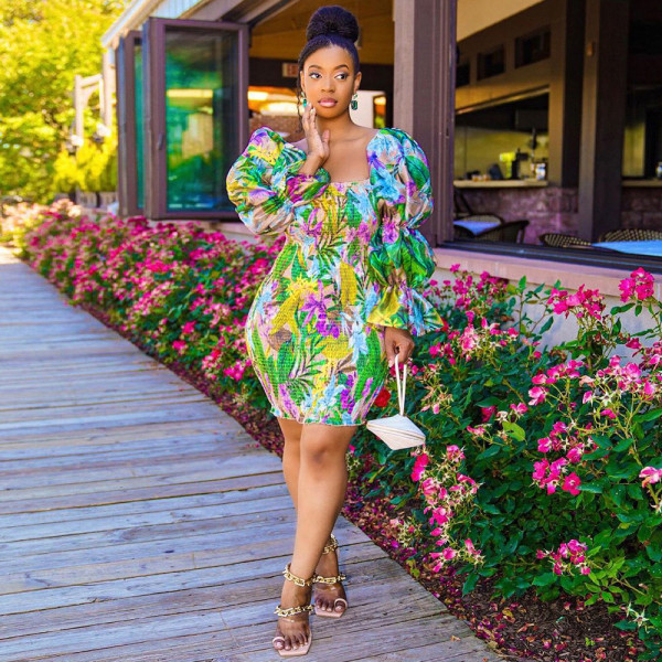 Fashion sexy printed puff sleeve dress YF8031