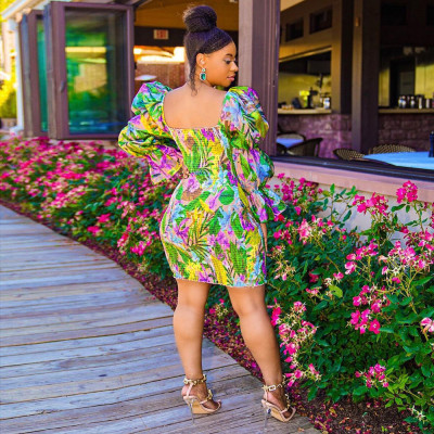 Fashion sexy printed puff sleeve dress YF8031