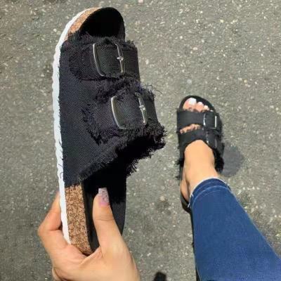 Large size foreign trade women's shoes solid color wooden sole buckle raw edge vamp casual slippers female one pedal HWJ595