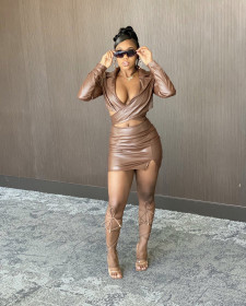 Sexy fashion casual wrap chest high elastic PU leather skirt two-piece suit YZ1282