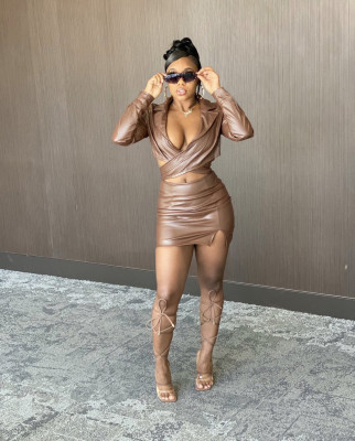 Sexy fashion casual wrap chest high elastic PU leather skirt two-piece suit YZ1282