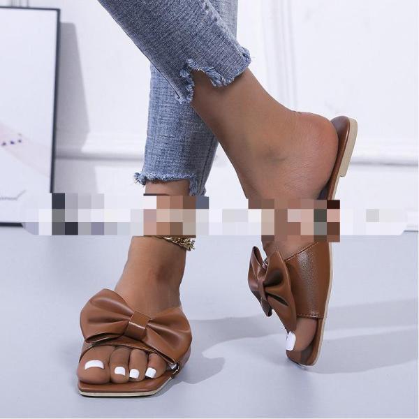 Summer new style large size foreign trade women's shoes bow knot square head low heel flat slippers women HWJ117