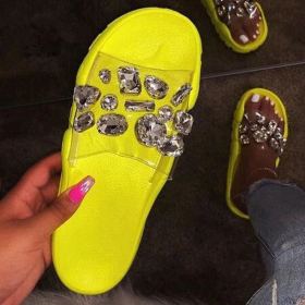 Summer new style large size foreign trade women's shoes colorful wide-soled rhinestones thick-soled pedal sandals and slippers women HWJ458