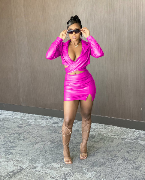 Sexy fashion casual wrap chest high elastic PU leather skirt two-piece suit YZ1282
