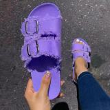Large size foreign trade women's shoes solid color wooden sole buckle raw edge vamp casual slippers female one pedal HWJ595