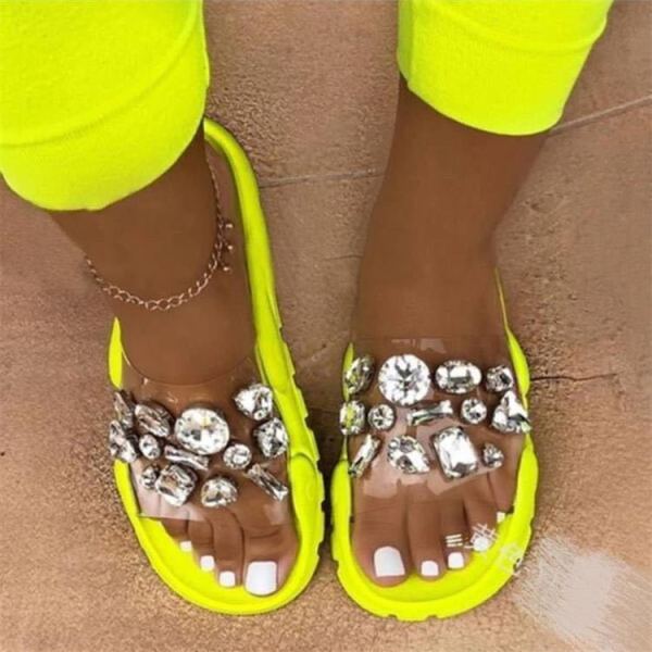 Summer new style large size foreign trade women's shoes colorful wide-soled rhinestones thick-soled pedal sandals and slippers women HWJ458