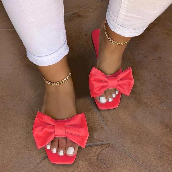 Summer new style large size foreign trade women's shoes bow knot square head low heel flat slippers women HWJ117