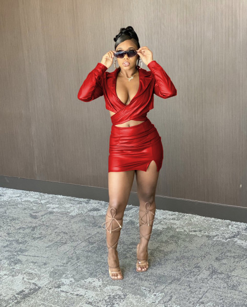 Sexy fashion casual wrap chest high elastic PU leather skirt two-piece suit YZ1282