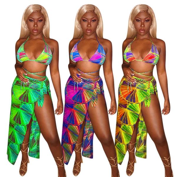 Three-piece bikini print beach suit swimming sportswear F8350