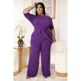 Fashion plus size women's solid color strappy shoulder flared jumpsuit AP7016