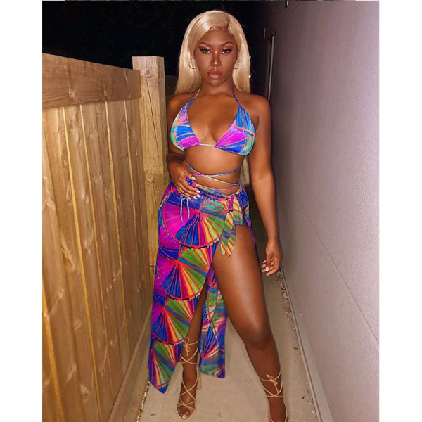 Three-piece bikini print beach suit swimming sportswear F8350