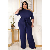 Fashion plus size women's solid color strappy shoulder flared jumpsuit AP7016