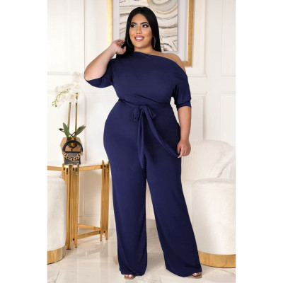 Fashion plus size women's solid color strappy shoulder flared jumpsuit AP7016