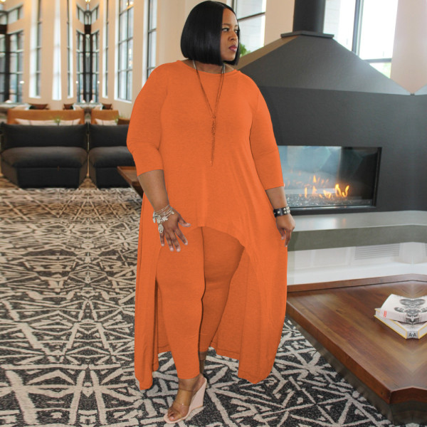 Women's solid color round neck casual suit simple casual plus size women's clothing MQ23583