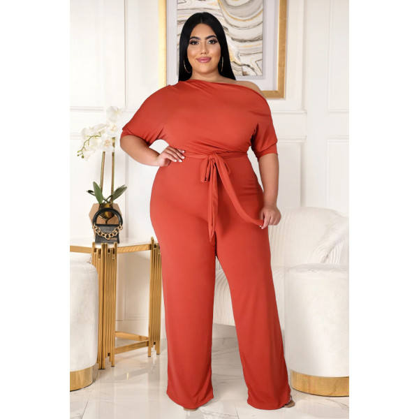 Fashion plus size women's solid color strappy shoulder flared jumpsuit AP7016