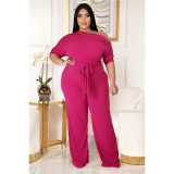Fashion plus size women's solid color strappy shoulder flared jumpsuit AP7016