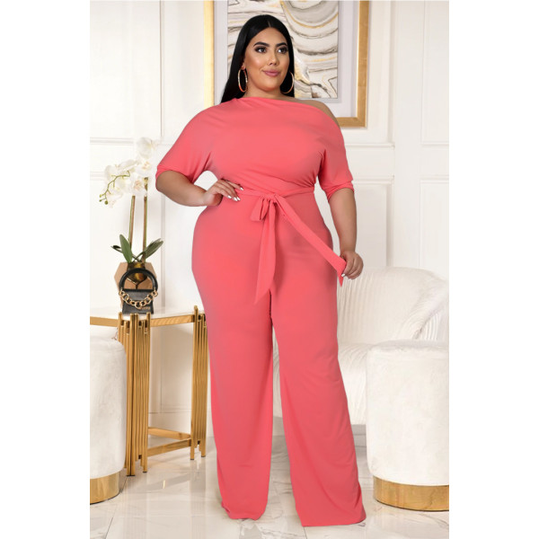 Fashion plus size women's solid color strappy shoulder flared jumpsuit AP7016