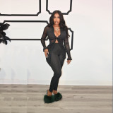 Women's sexy solid color trumpet long-sleeved pleated mesh casual suit MQ23584 