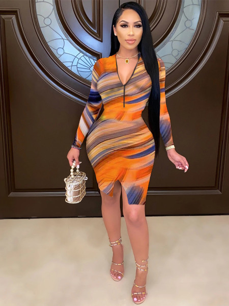 Women's fashion print sexy split dress with personality Z60066