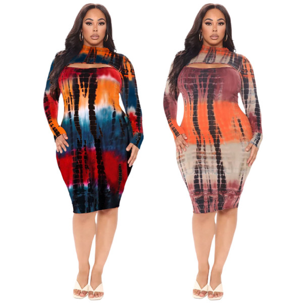 Plus size fashion women's cross-border nightclub sexy tie-dye printed hollow dress AP7038