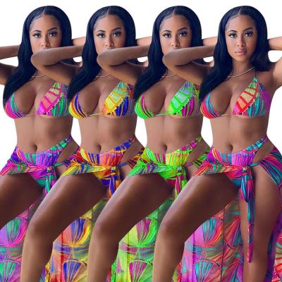 Three-piece bikini print beach suit swimming sportswear F8350