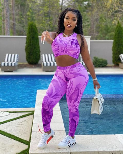 Printed Leisure Sports Suit Yoga Jogging Fitness Racer Vest Suit F8353