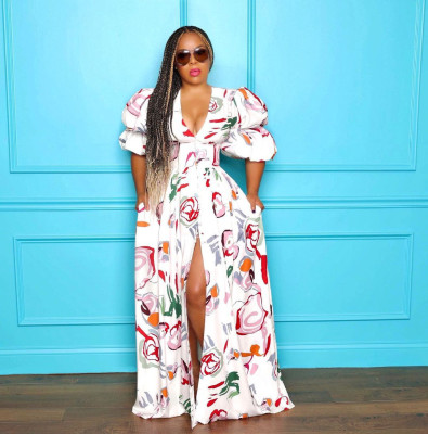 Sexy V-neck waist printed puff sleeve palace dress dress L0357