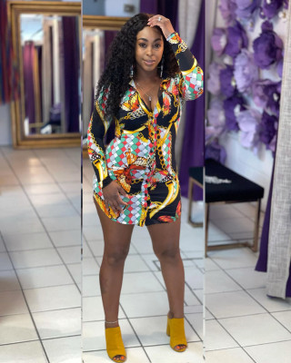 Sexy slim waist printed long-sleeved shirt cardigan short dress L0356