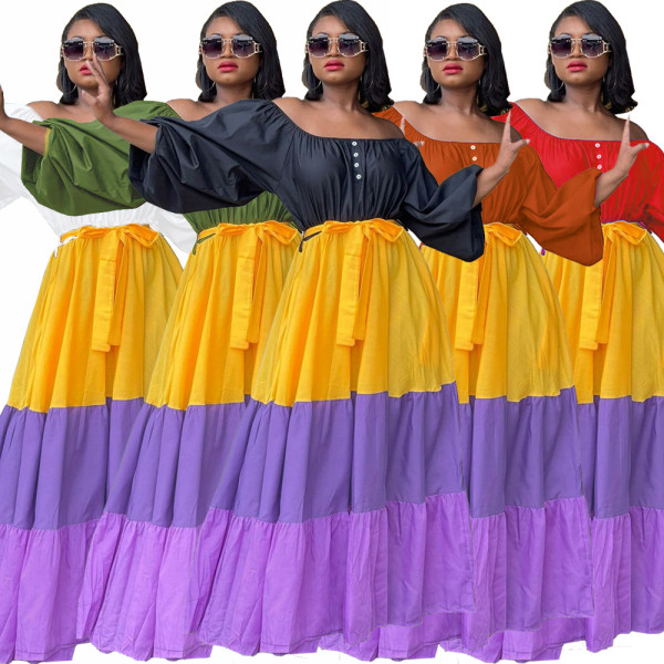 Large size word collar elastic waist lantern sleeve contrast color cake dress dress L0358