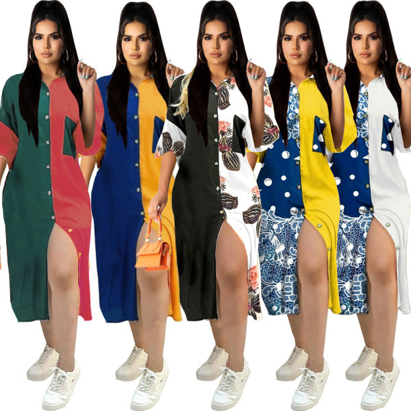 Contrast print shirt cardigan sunscreen long short-sleeved dress L0351
