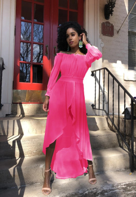 Lace-up chiffon one-line collar waist irregular large skirt dress L0345
