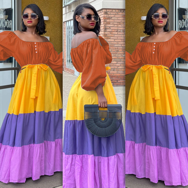 Large size word collar elastic waist lantern sleeve contrast color cake dress dress L0358
