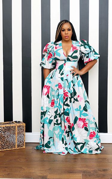 Sexy V-neck waist printed puff sleeve palace dress dress L0357