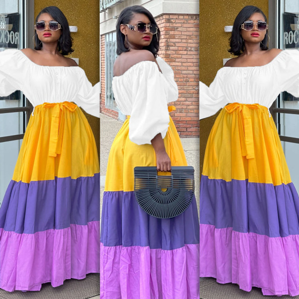 Large size word collar elastic waist lantern sleeve contrast color cake dress dress L0358