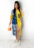 Contrast print shirt cardigan sunscreen long short-sleeved dress L0351