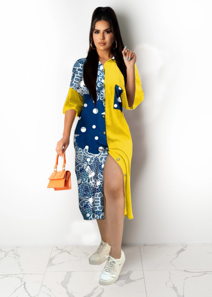 Contrast print shirt cardigan sunscreen long short-sleeved dress L0351
