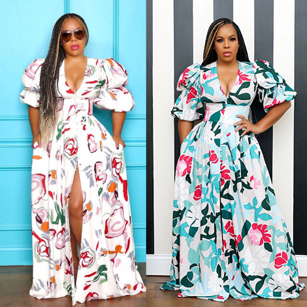 Sexy V-neck waist printed puff sleeve palace dress dress L0357