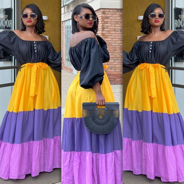 Large size word collar elastic waist lantern sleeve contrast color cake dress dress L0358