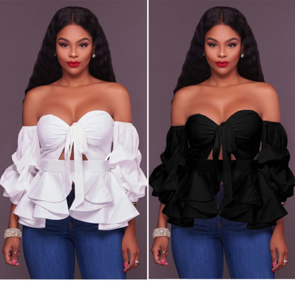 Nightclub sexy ruffled hem solid color autumn and winter long-sleeved top L0131