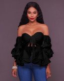 Nightclub sexy ruffled hem solid color autumn and winter long-sleeved top L0131