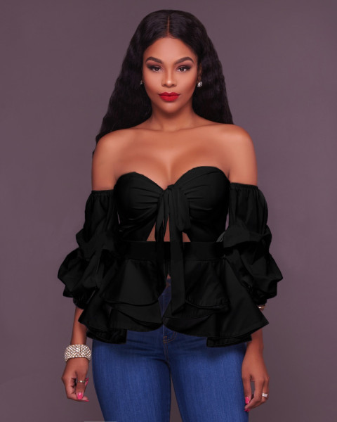 Nightclub sexy ruffled hem solid color autumn and winter long-sleeved top L0131