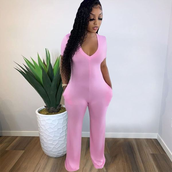 Casual Jumpsuit Wide Leg Pants Deep V Short Sleeve Jumpsuit Loose Pants F88372