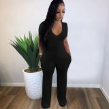 Casual Jumpsuit Wide Leg Pants Deep V Short Sleeve Jumpsuit Loose Pants F88372