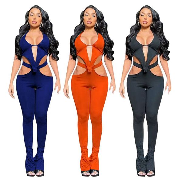 Halter open back strappy open hip pants suit F88368