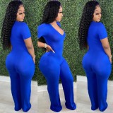 Casual Jumpsuit Wide Leg Pants Deep V Short Sleeve Jumpsuit Loose Pants F88372