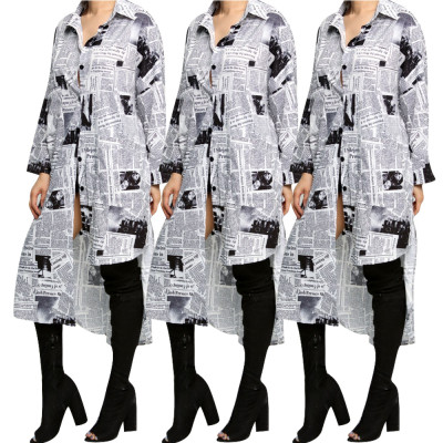 New autumn and winter dress asymmetric newspaper print shirt dress casual shirt dress F8297